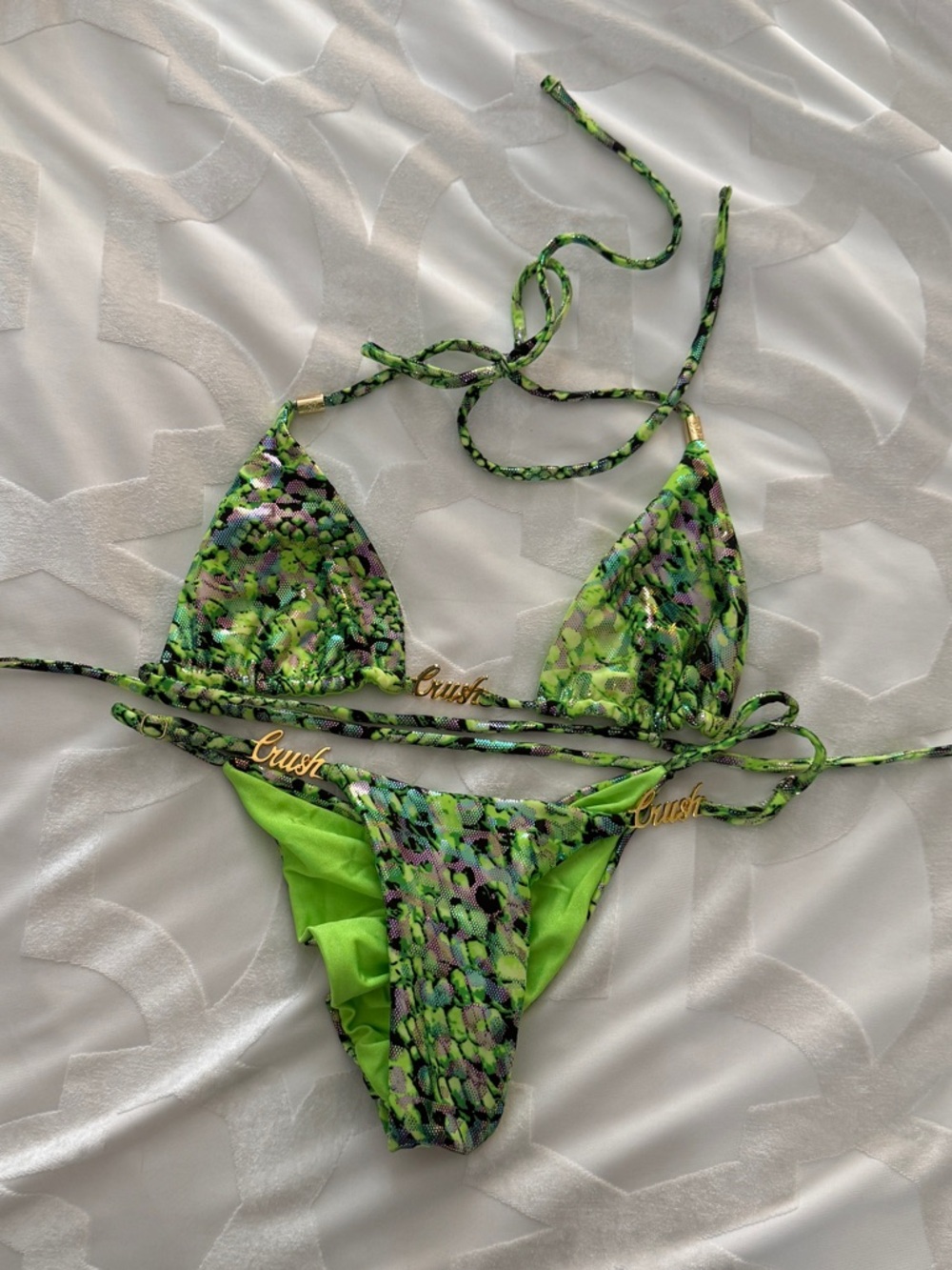 Bikini Crush Neon Green, Shimmer Triangle Bikini. SMALL
